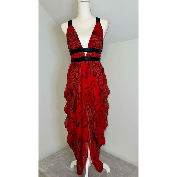 100% Silk Low Cut Red Gown Midi Dress Ruffle Hem Women’s XS - Picture 2 of 11